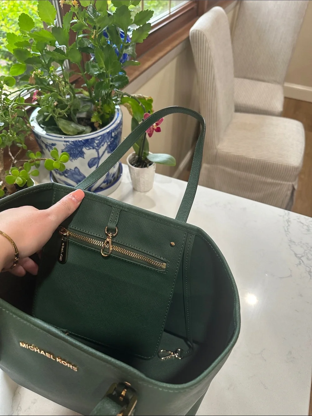 Michael Kors medium hunter green leather shoulder tote bag
